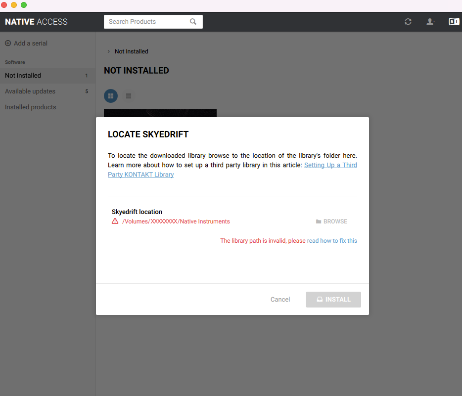 Native Access Locate Library message